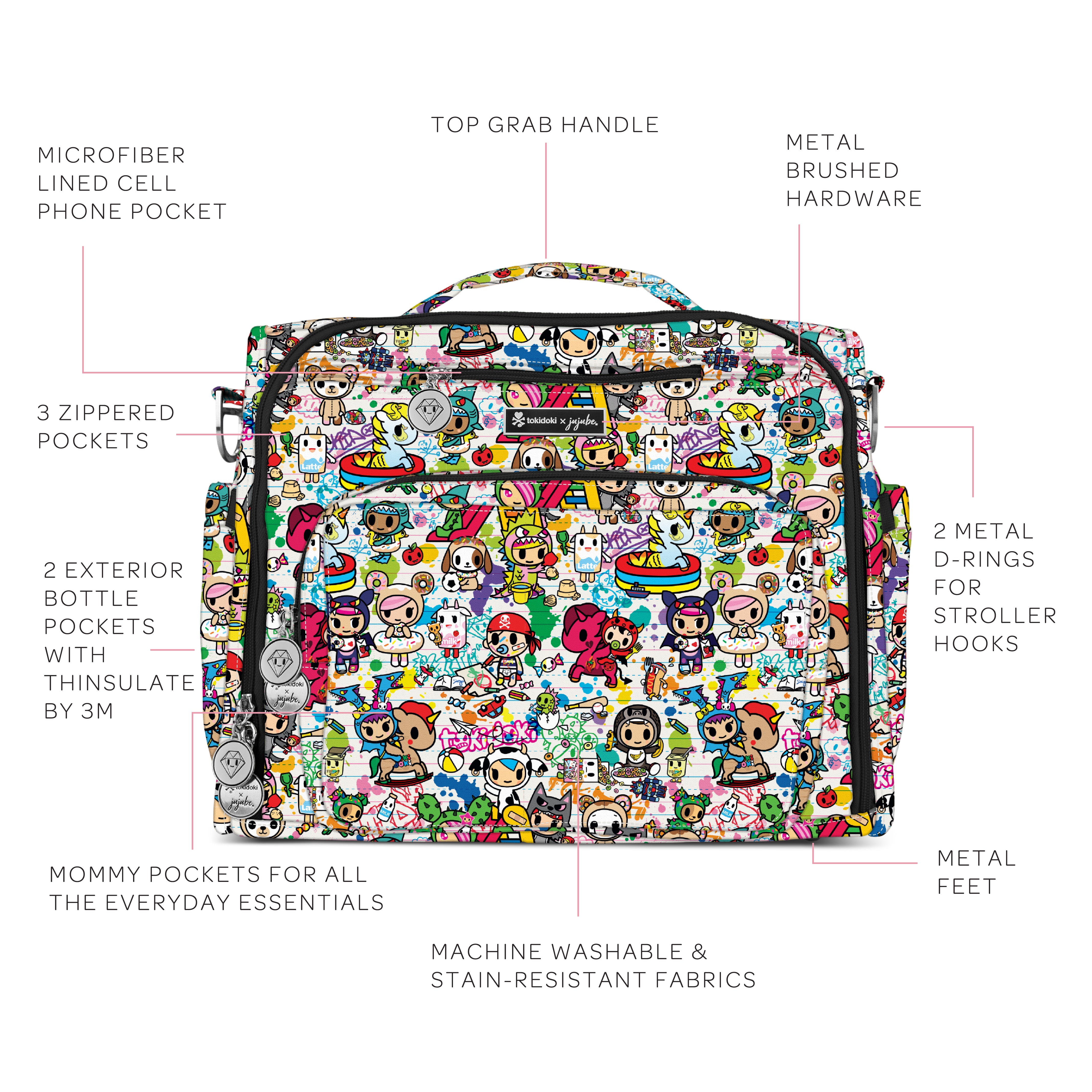 Specs front view of a vibrant, multicolored Tokidoki Little Terrors diaper bag featuring adorable and mischievous characters. The bag showcases a playful design with a variety of colors, patterns, and lively illustrations, capturing the essence of the Tokidoki brand. Its spacious compartments and practical features make it a stylish and functional choice for parents on the go.