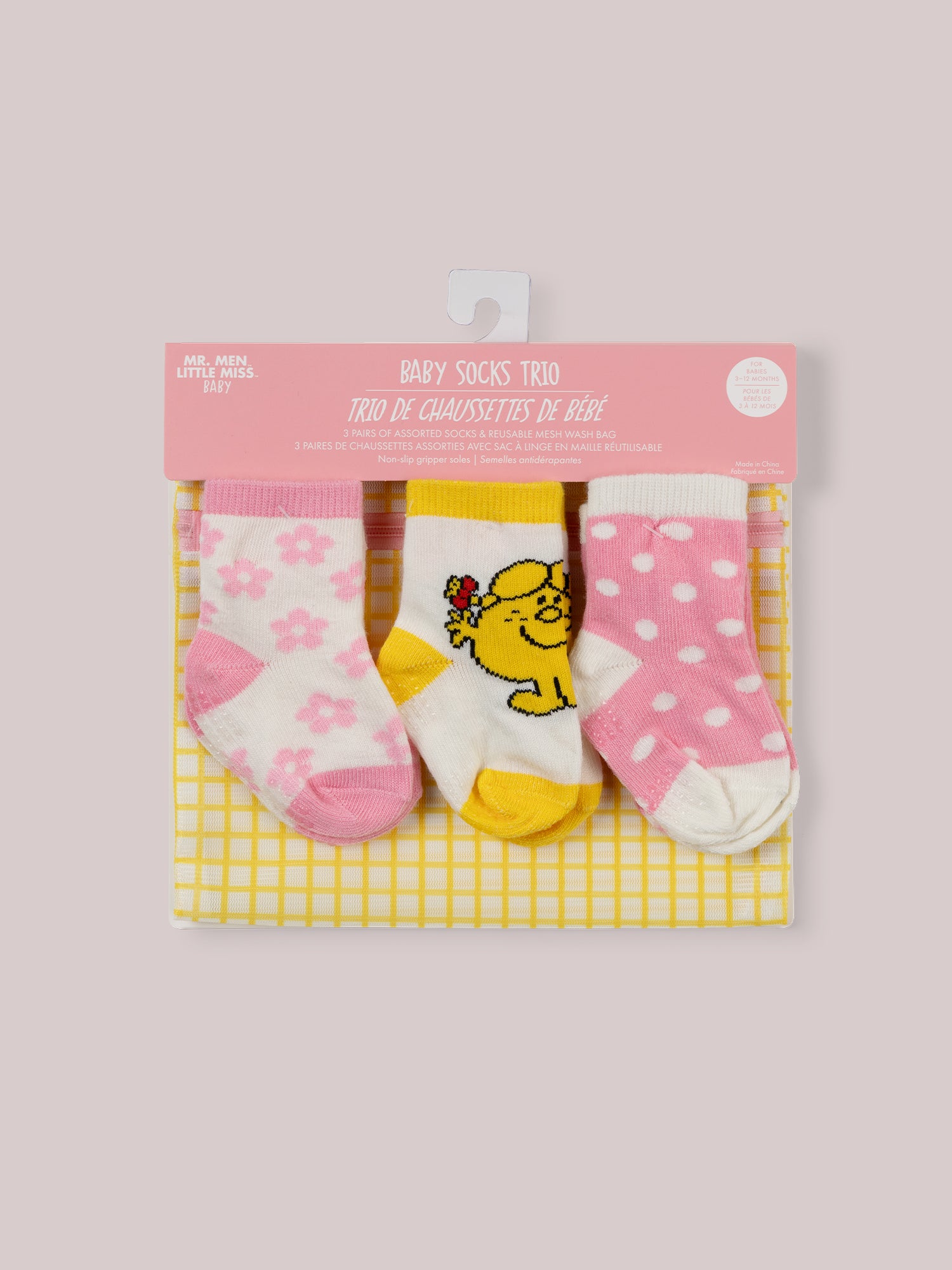Set of 3 Little Miss Sunshine Baby Socks attached to mesh case