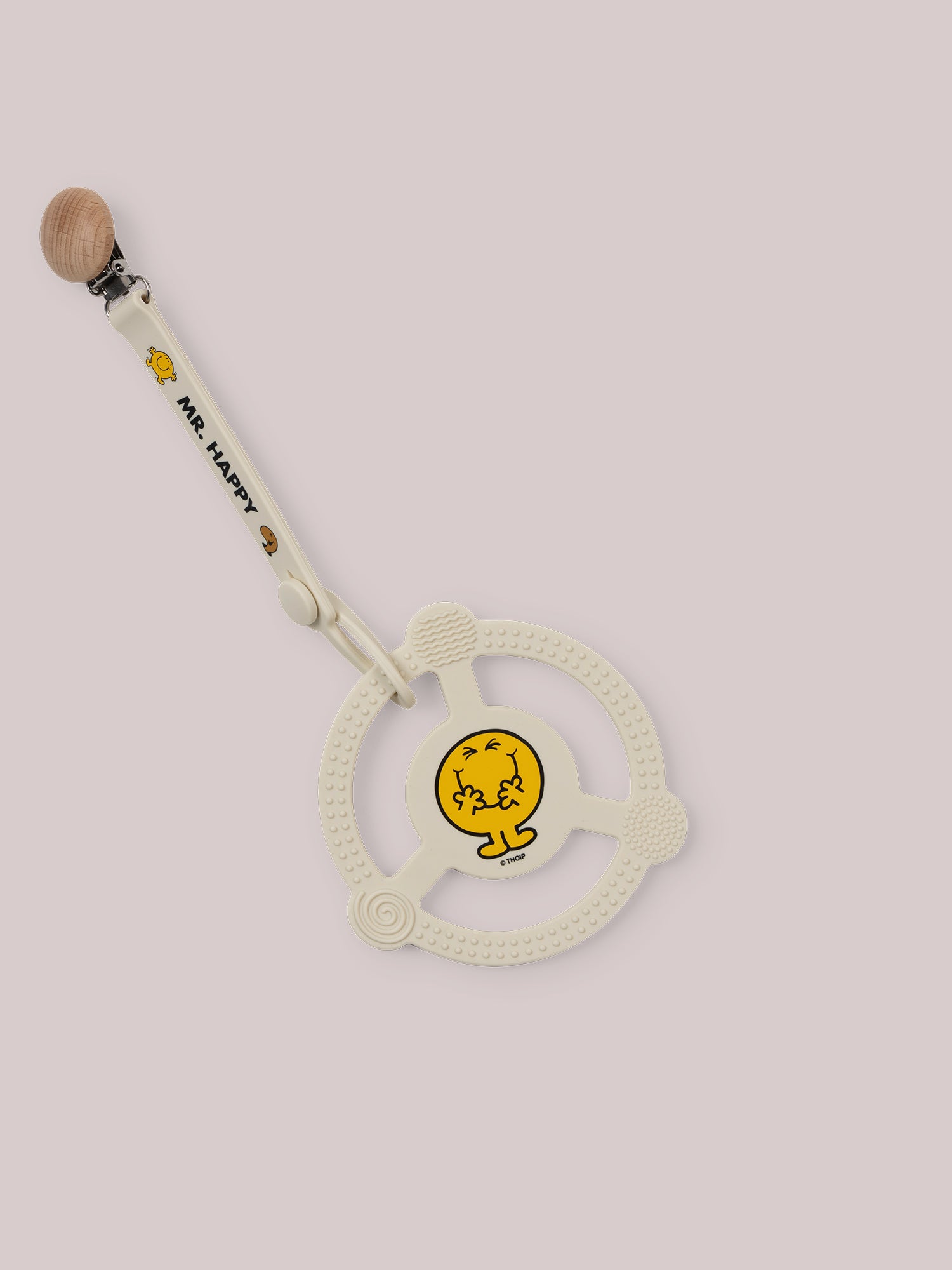 Mr. happy Silicone Teether Ring with clip attached