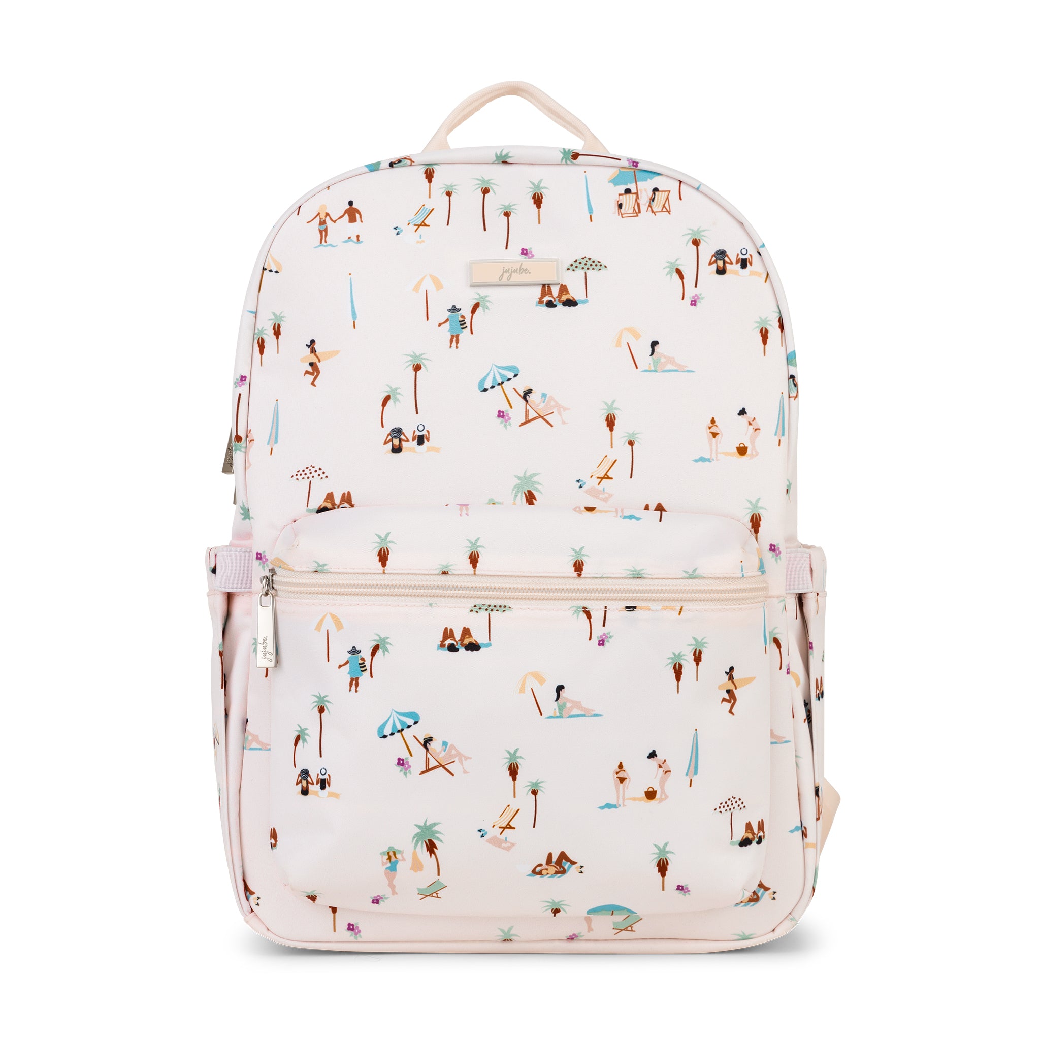 Multicolor sunbathers, surfers, palm trees and beach umbrellas on pale blush background Midi Backpack Front View