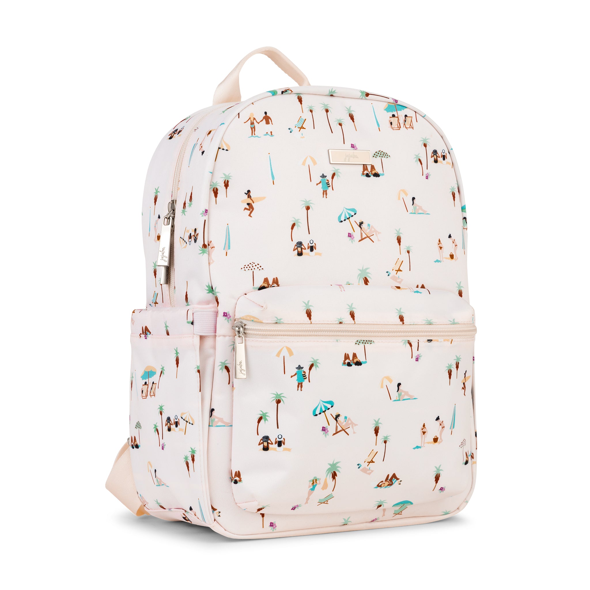 Multicolor sunbathers, surfers, palm trees and beach umbrellas on pale blush background Midi Backpack Quarter Angle View