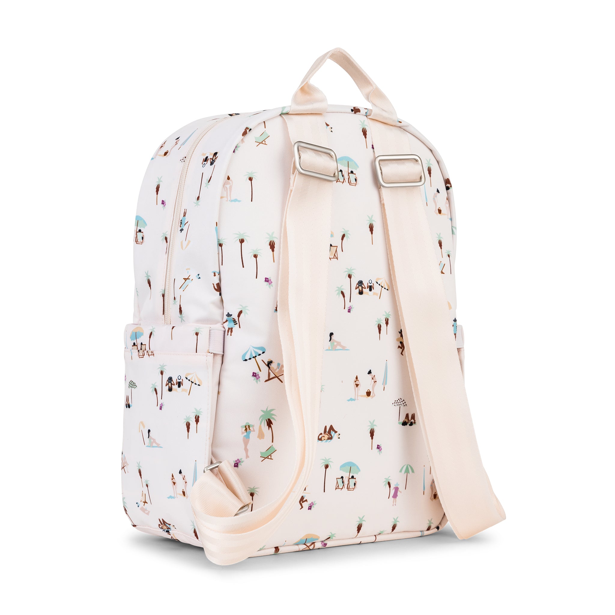 Multicolor sunbathers, surfers, palm trees and beach umbrellas on pale blush background Midi Backpack Three Quarter Angle Back View