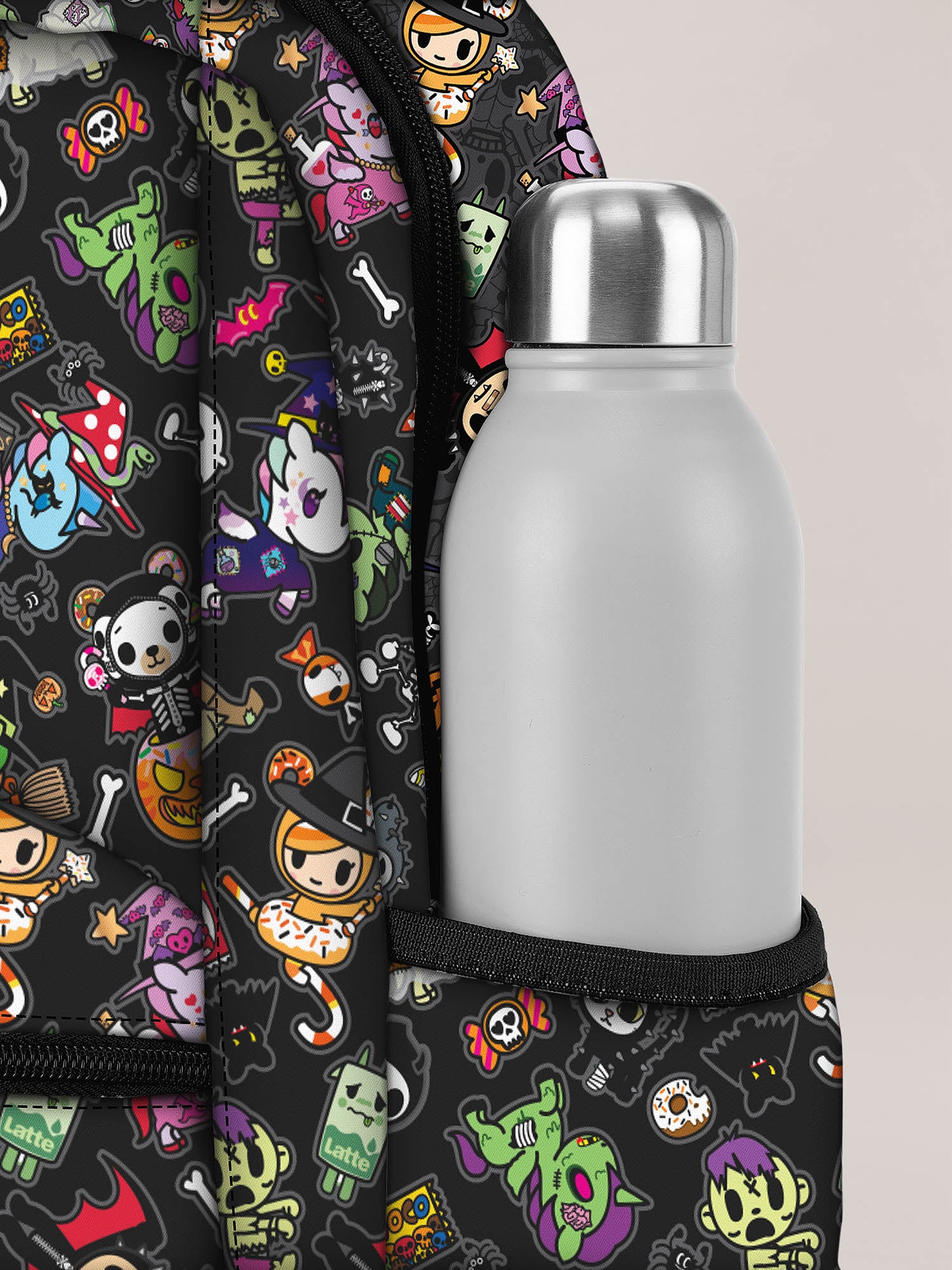 Tokidoki Spooktacular Print: Vibrant Halloween-themed design featuring whimsical characters on a black background