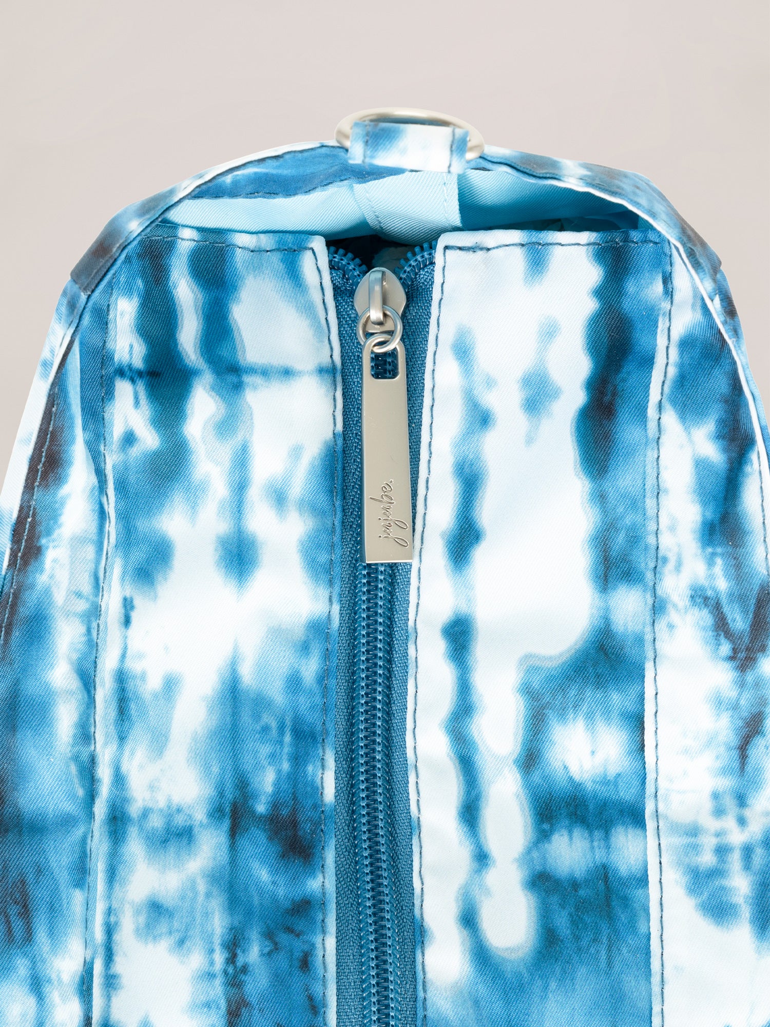 Blue and White Tie Dye Print Super Be Tote Bag Zipper Detail View