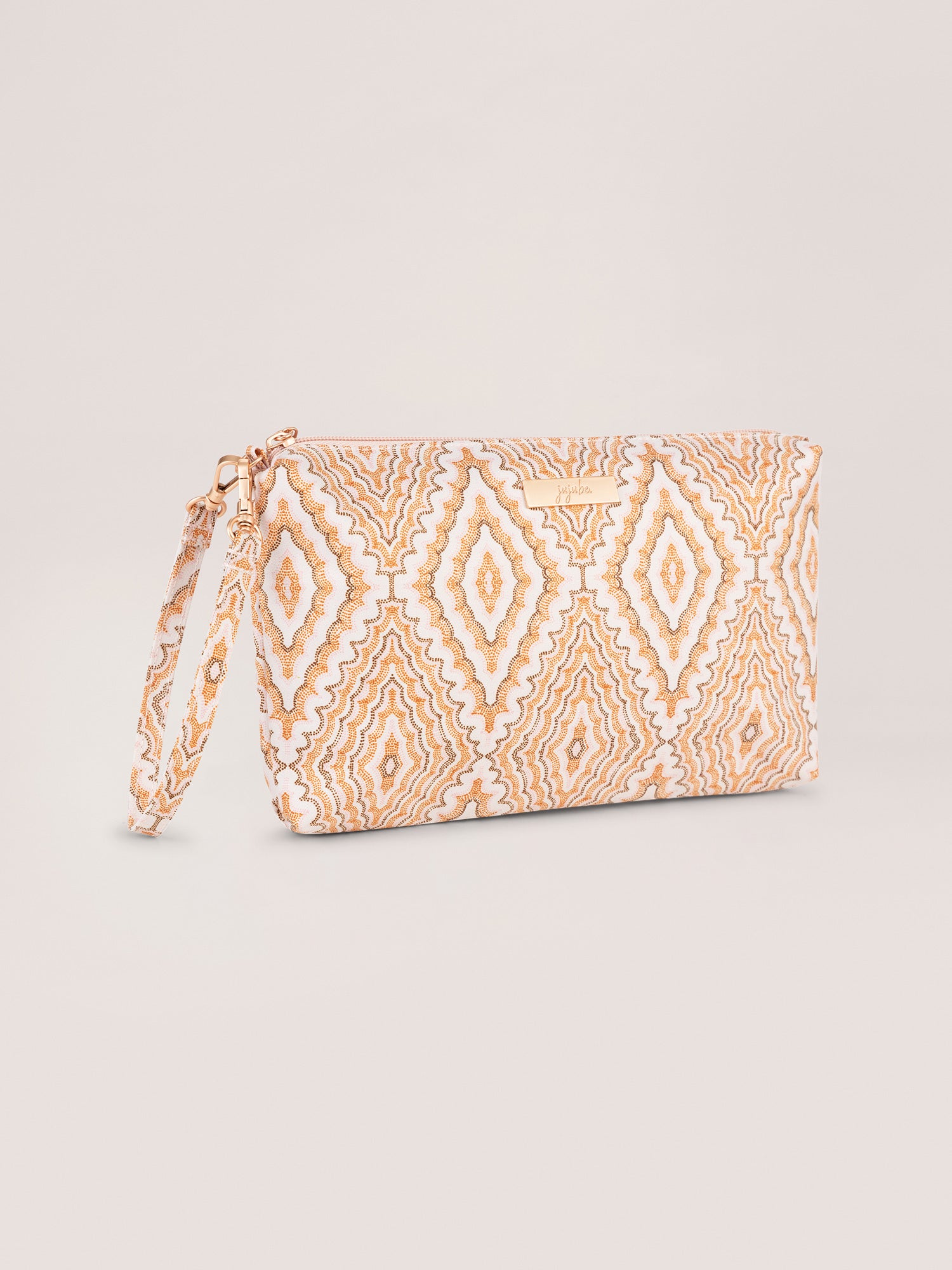 Pink, Orange and Brown Dotted Diamond Pattern Be Quick Quarter Angle View with Wristlet Strap