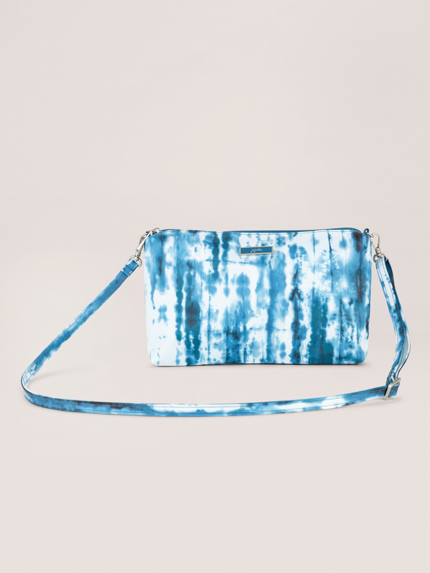 Blue and White Tie Dye Print Be Quick Crossbody Pouch Front View with Long Strap