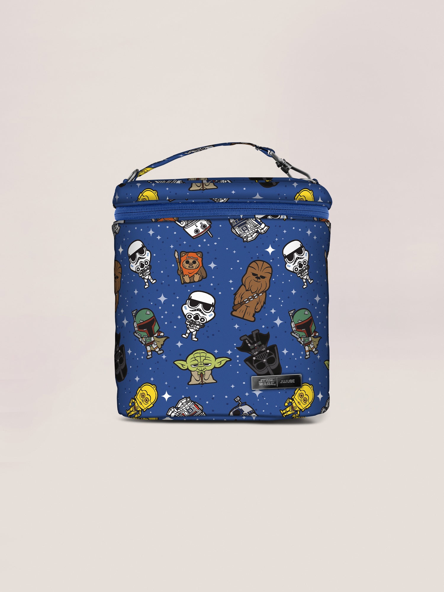 Image with a pattern of adorable STAR WARS characters traveling through a galaxy of stars