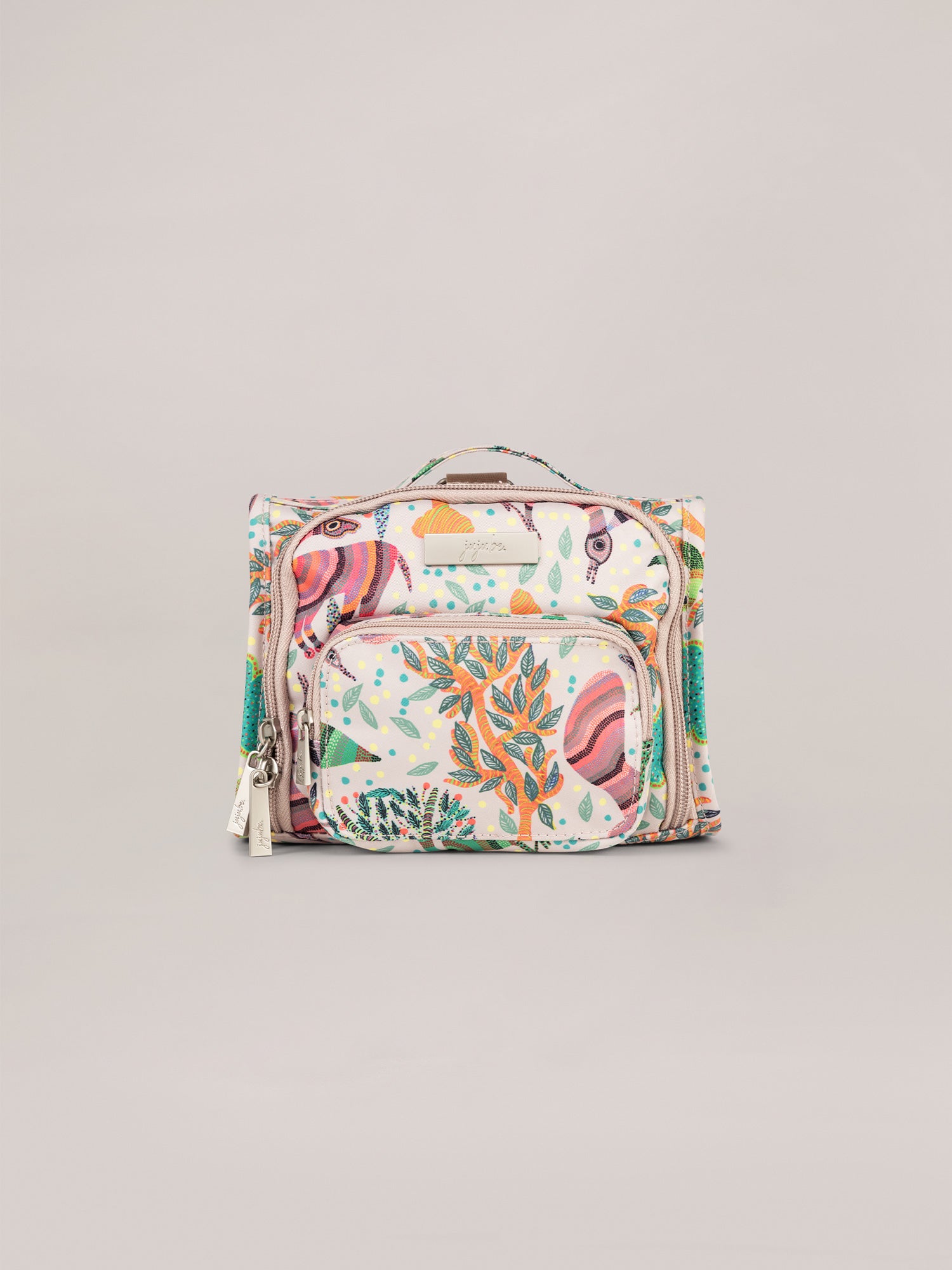 Multicolor Animals, Birds and Trees on a Taupe Background Mini B.F.F. Crossbody Bag Front View