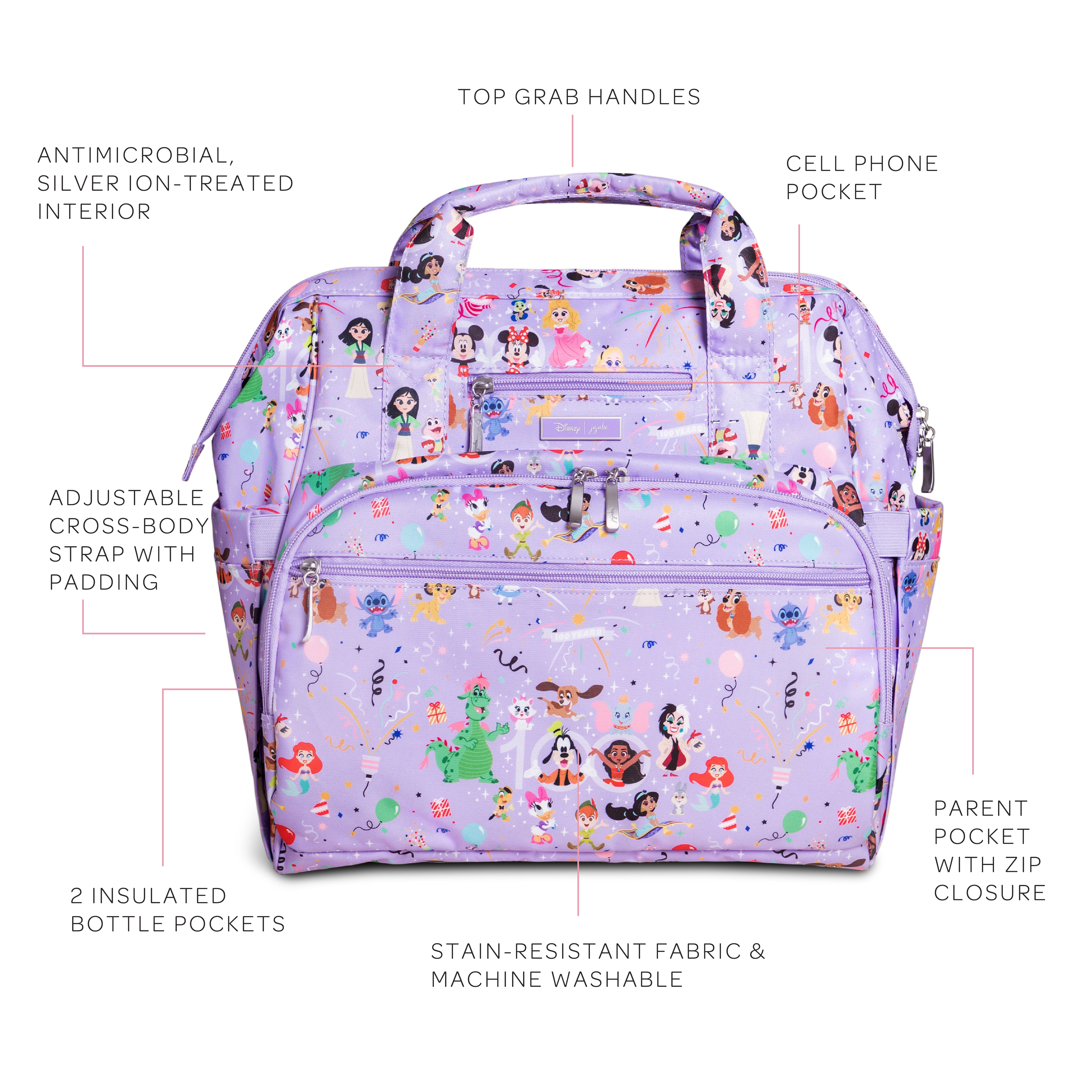 A purple diaper bag with a D100 Disney's Century of Magic print, showcasing beloved Disney characters from the past century. The design pays homage to Disney's rich history, encompassing a variety of iconic characters that have captured the hearts of audiences over the last 100 years.