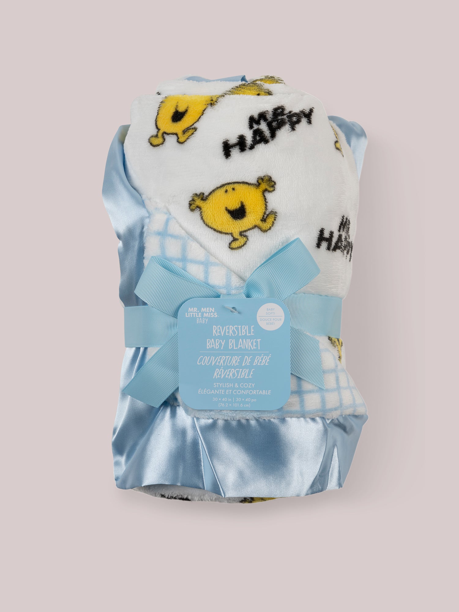 Mr. Happy Reversible Blanket rolled up with tag