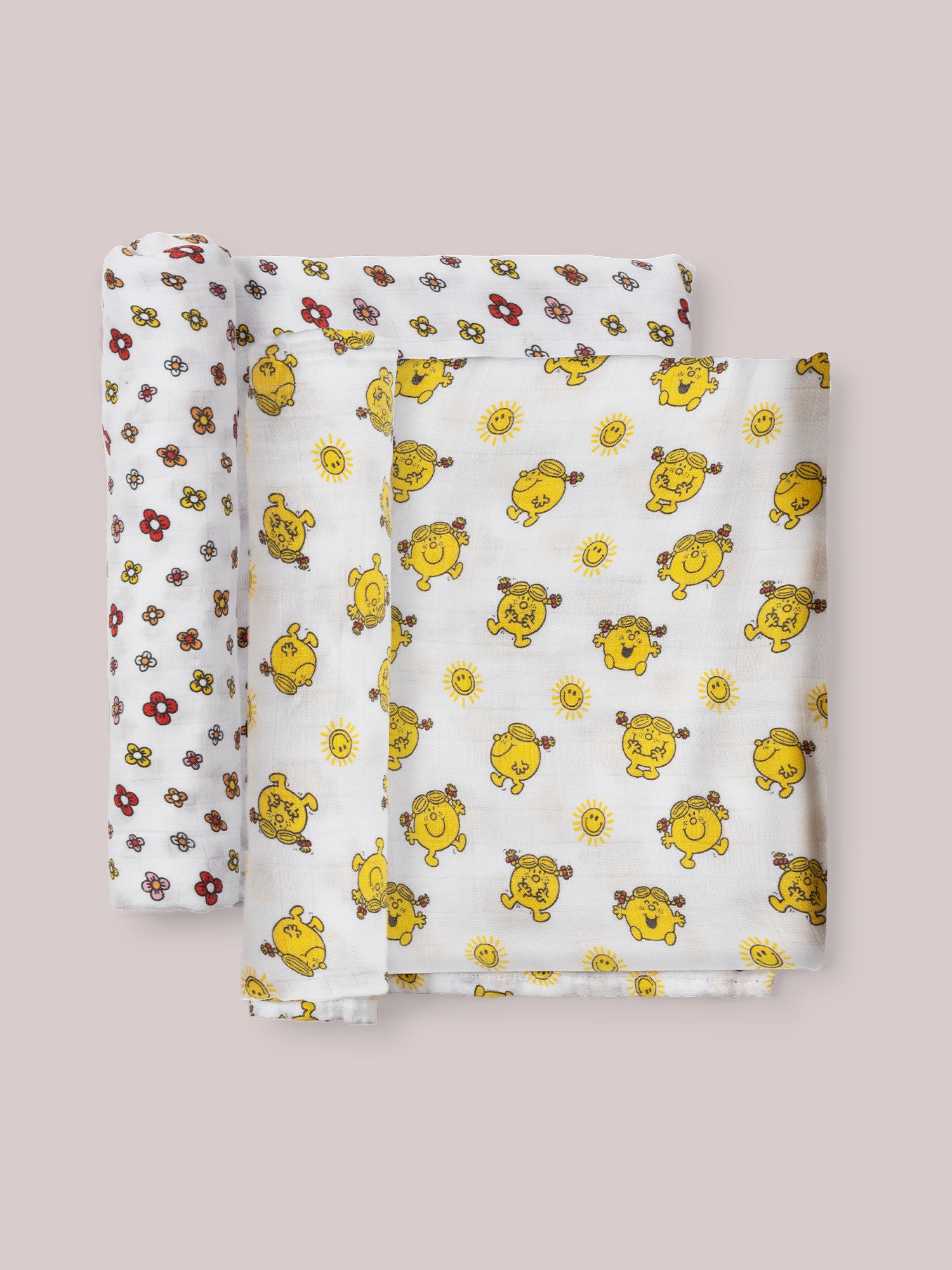 Little Miss Sunshine Swaddle Blanket set of two flat lay with rolled up fabric