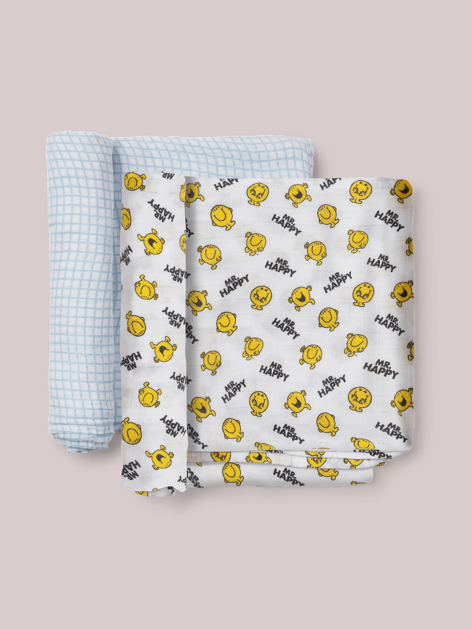 Mr. Happy Swaddle Blanket set of two with rolled up edges flat lay