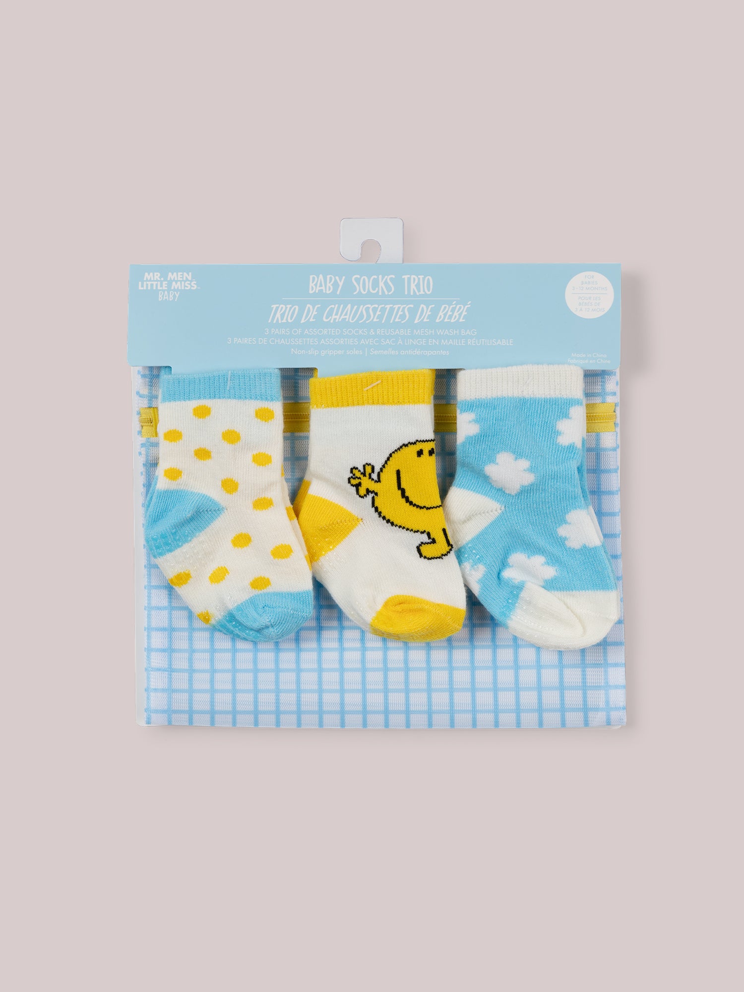 Set of 3 Mr Happy Baby socks attached to mesh case