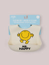 Mr. Happy silicone bib attached to hang tag