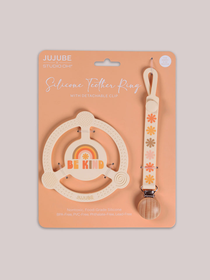 Silicone Teether Ring &amp; Detachable Clip - Be Kind Rainbows