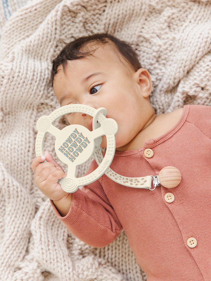 Silicone Teether Ring &amp; Detachable Clip - Howdy Partner Blue by Caroline Alfreds