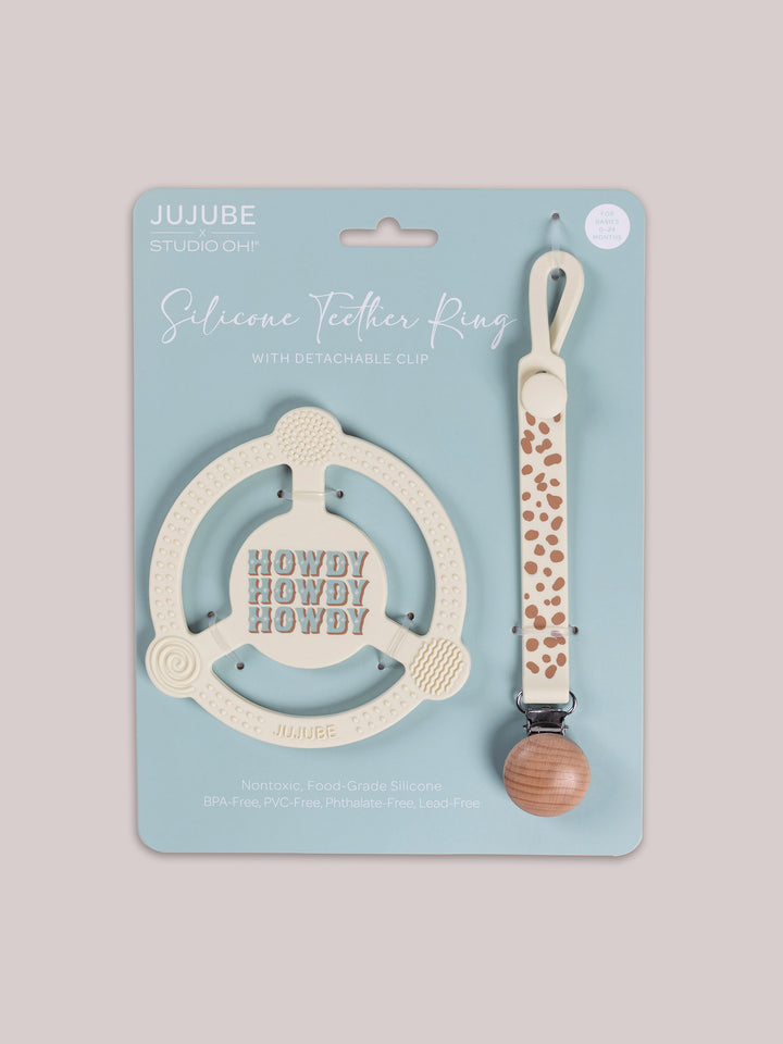 Silicone Teether Ring &amp; Detachable Clip - Howdy Partner Blue by Caroline Alfreds