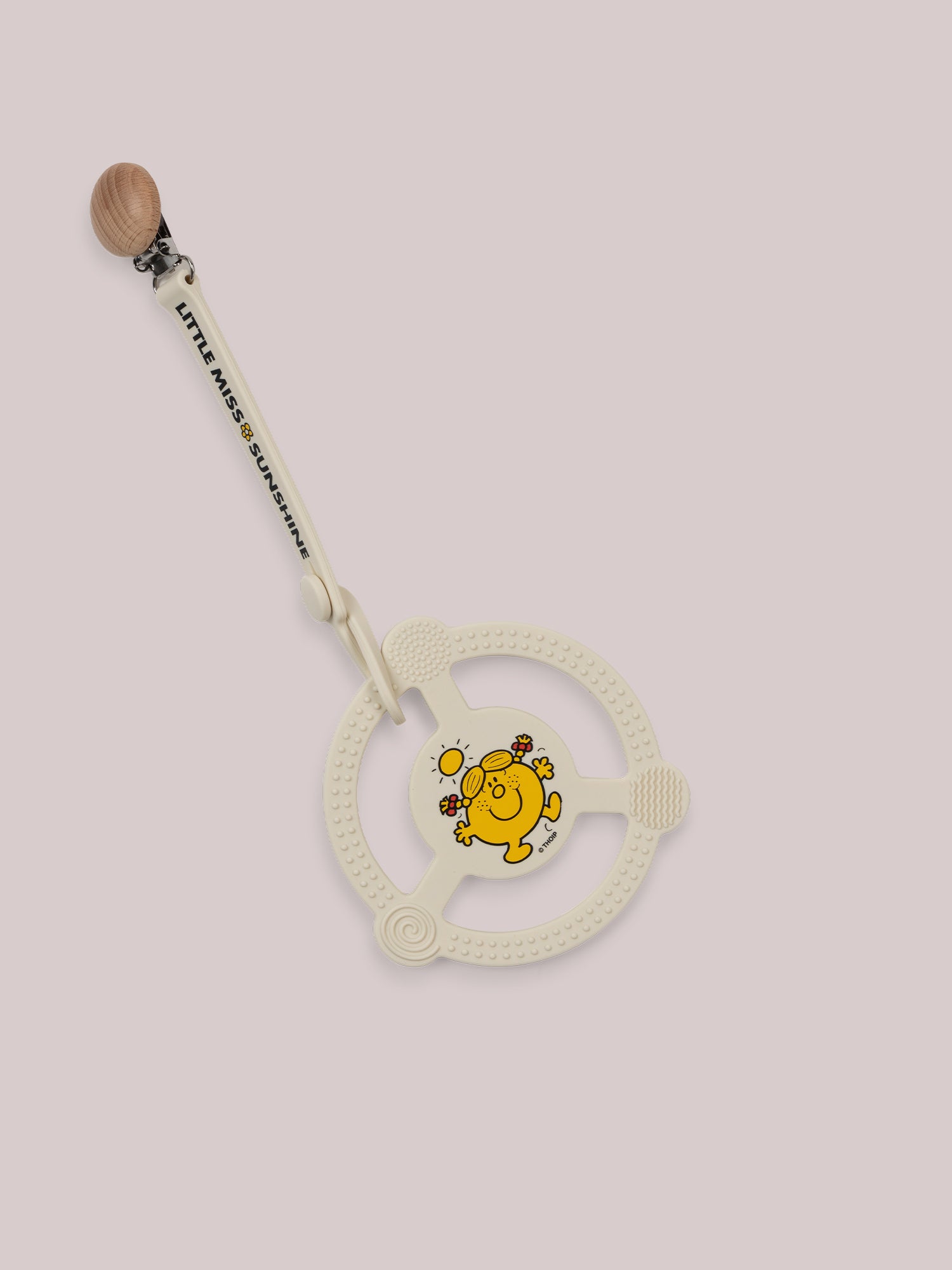 Little Miss Sunshine Silicone Teether ring flat lay with clip attached