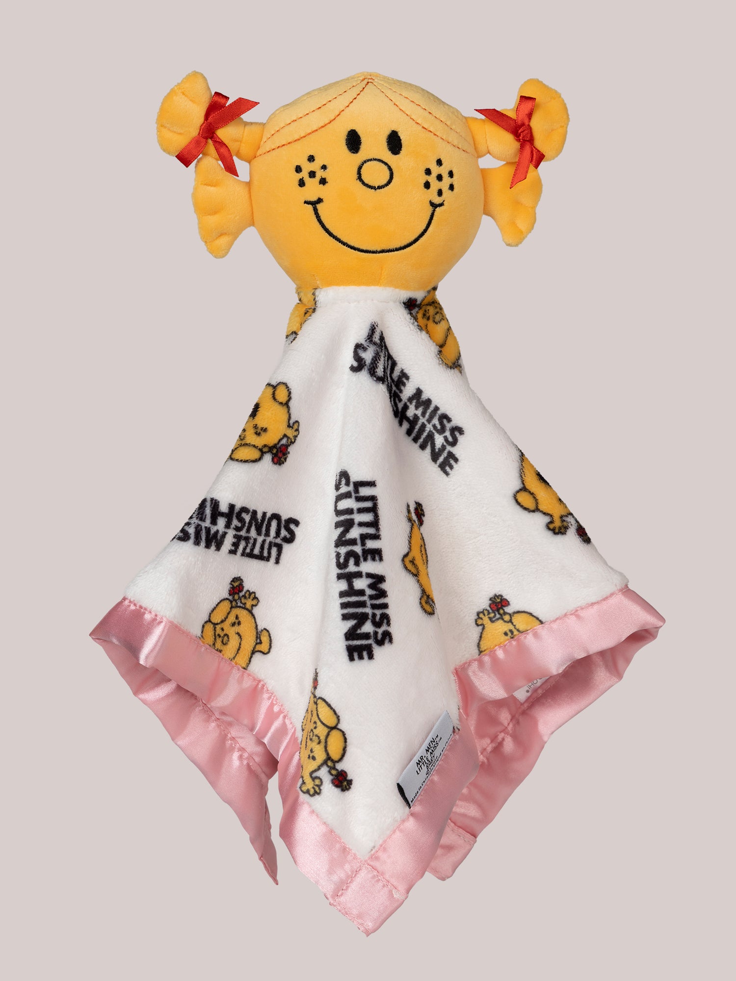 Little Miss Sunshine security blanket flat lay with little miss sunshine plush on top