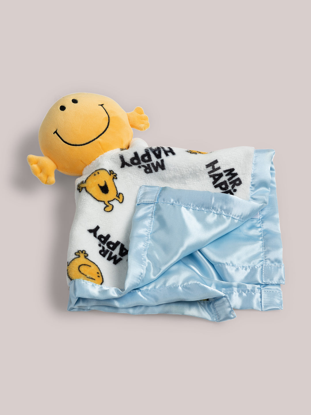 Mr. Happy security blanket folded showing satin reverse side