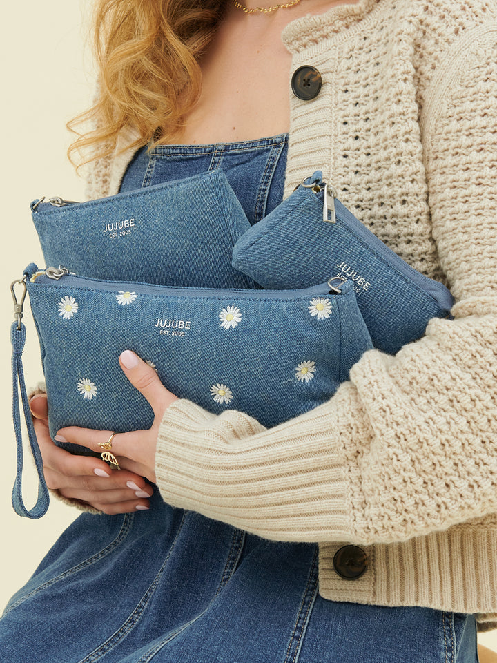 3-piece Pouch Clutch Purse Set - Denim &amp; Daisies