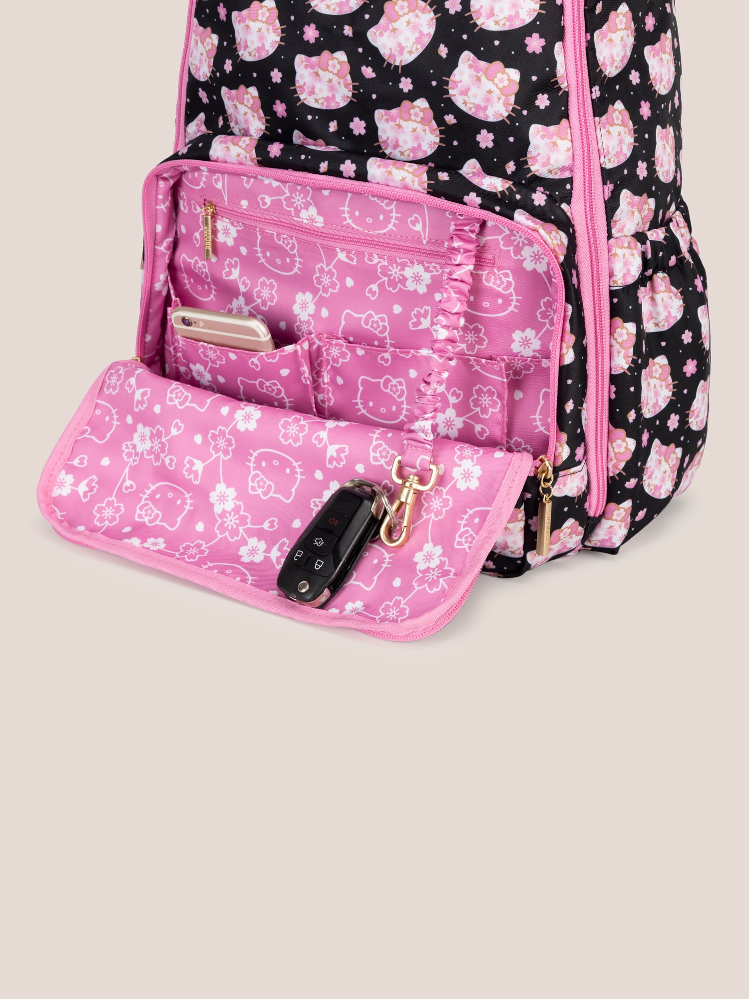 Hello Kitty® × JuJuBe Cherry Blossoms Zealous Backpack Diaper Bag — Black and Pink