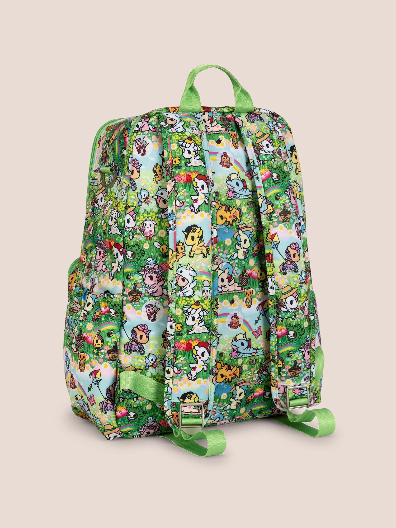 tokidoki x JuJuBe Zealous Diaper Bag Backpack in Meadow Blooms – back view displaying padded adjustable shoulder straps and back panel