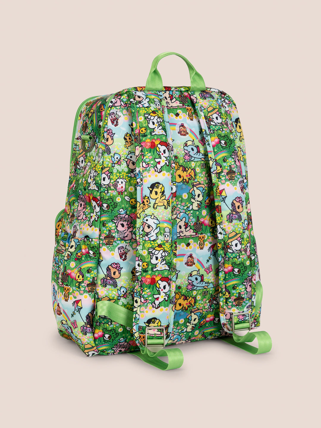 tokidoki x JuJuBe Zealous Diaper Bag Backpack in Meadow Blooms – back view displaying padded adjustable shoulder straps and back panel