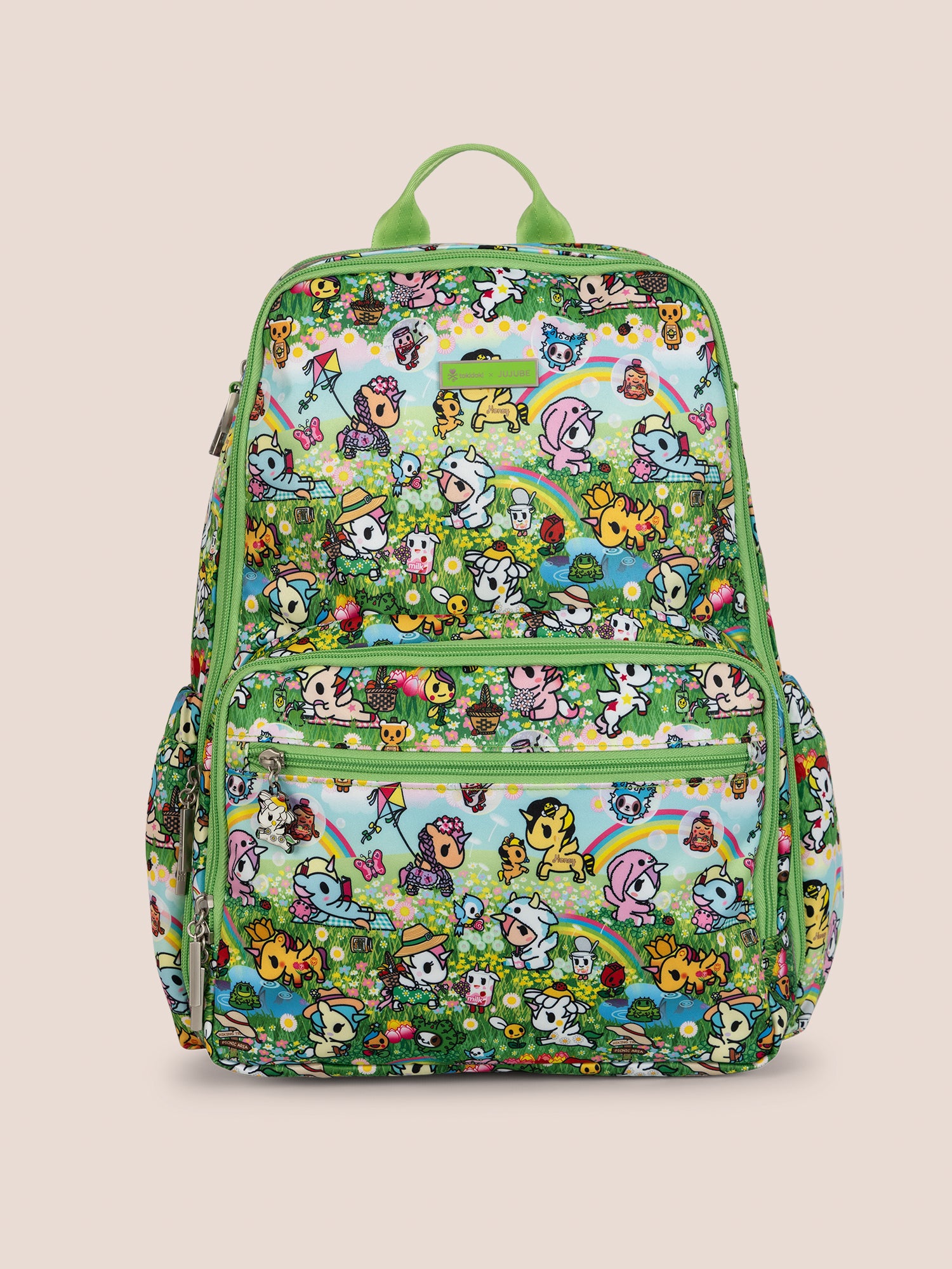 tokidoki x JuJuBe Zealous Diaper Bag Backpack in Meadow Blooms – front view of the backpack displaying the full Meadow Blooms tokidoki print