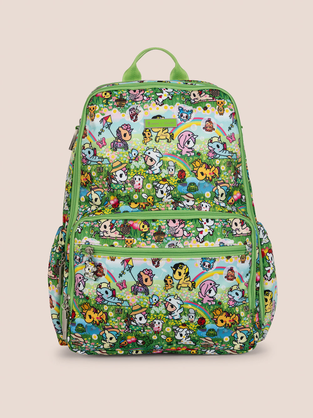 tokidoki x JuJuBe Zealous Diaper Bag Backpack in Meadow Blooms – front view of the backpack displaying the full Meadow Blooms tokidoki print