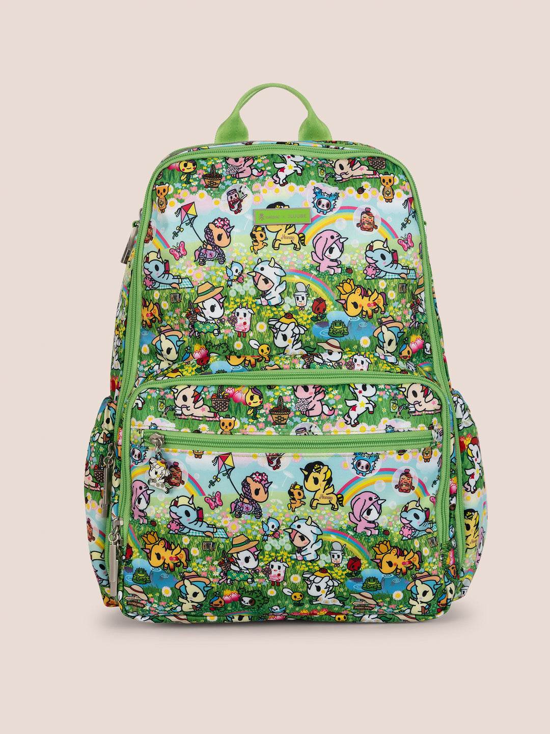 tokidoki x JuJuBe Zealous Diaper Bag Backpack in Meadow Blooms – front view of the backpack displaying the full Meadow Blooms tokidoki print