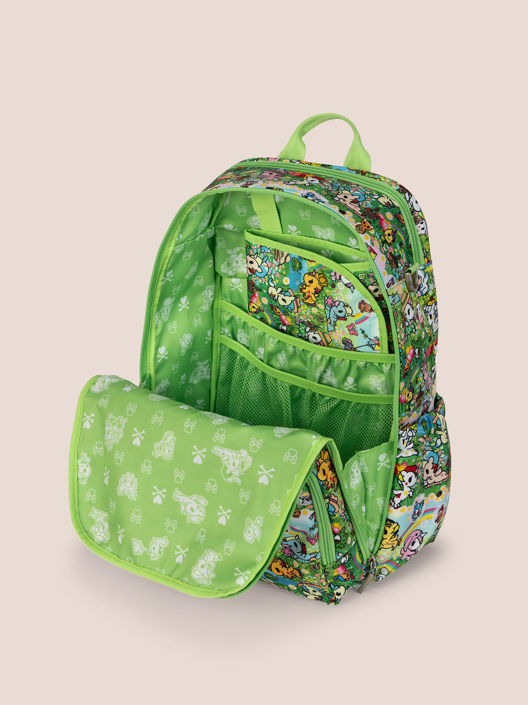 tokidoki x JuJuBe Zealous Diaper Bag Backpack in Meadow Blooms – close-up detail of the tokidoki Meadow Blooms character print featuring nature-inspired illustrations and garden motifs