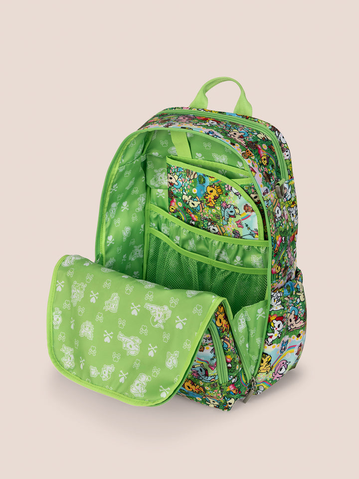tokidoki x JuJuBe Zealous Diaper Bag Backpack in Meadow Blooms – close-up detail of the tokidoki Meadow Blooms character print featuring nature-inspired illustrations and garden motifs