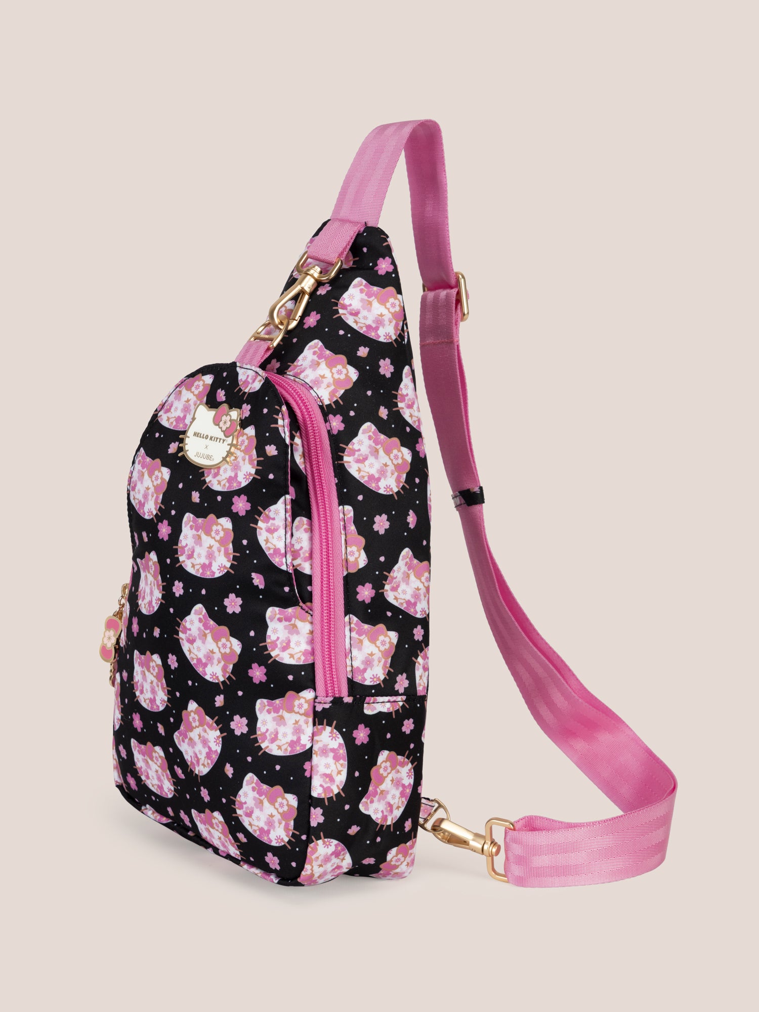 Hello Kitty® × JuJuBe Cherry Blossoms Crossbody Sling Diaper Bag — Black and Pink