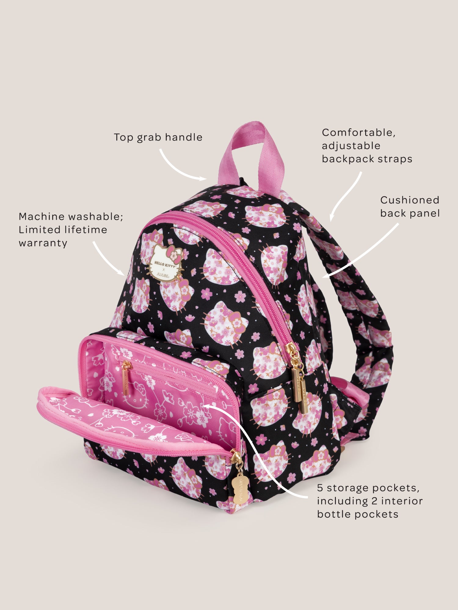 Hello Kitty® × JuJuBe Cherry Blossoms Everyday Mini Small Diaper Bag Backpack – Black and Pink