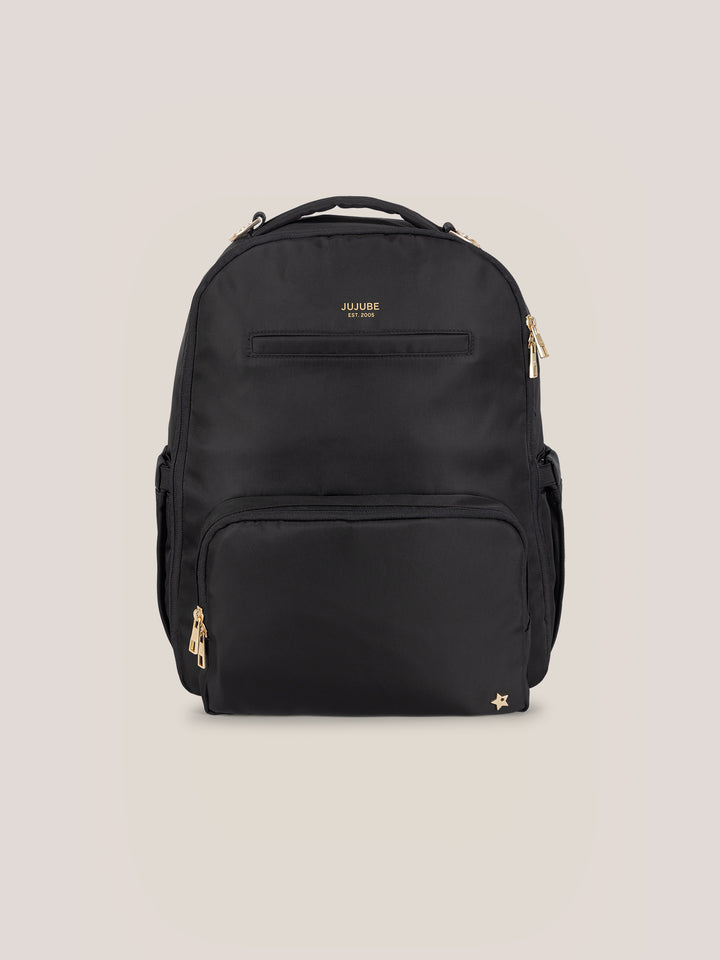 JuJuBe Classic Diaper Backpack in Black – front view of durable machine-washable diaper bag with adjustable shoulder straps and top carry handle