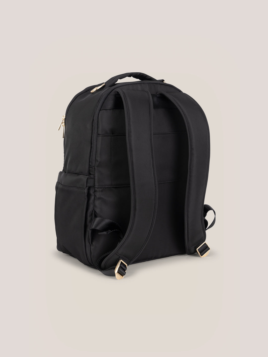 JuJuBe Classic Diaper Backpack in Black – side view highlighting the insulated bottle pocket and organized exterior storage compartments