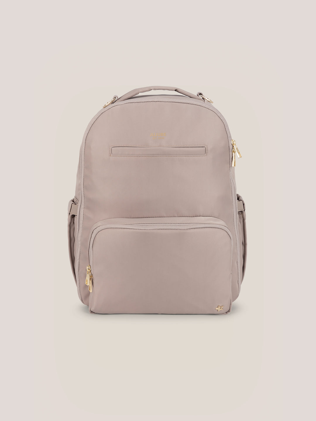 JuJuBe Classic Diaper Backpack in Taupe – front view showing structured silhouette, top carry handle, and adjustable shoulder straps