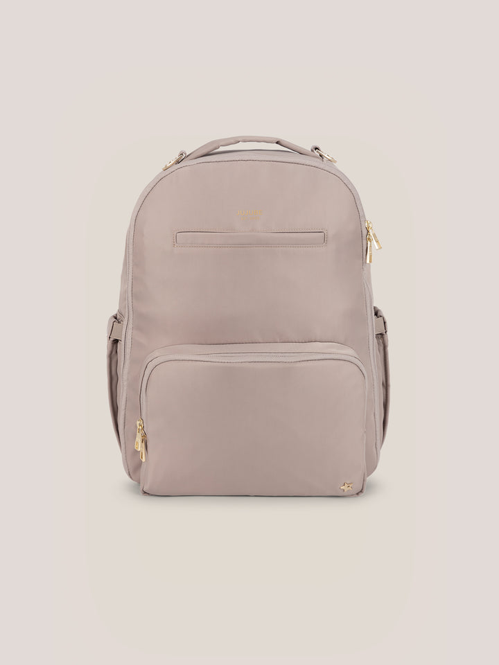 JuJuBe Classic Diaper Backpack in Taupe – front view showing structured silhouette, top carry handle, and adjustable shoulder straps