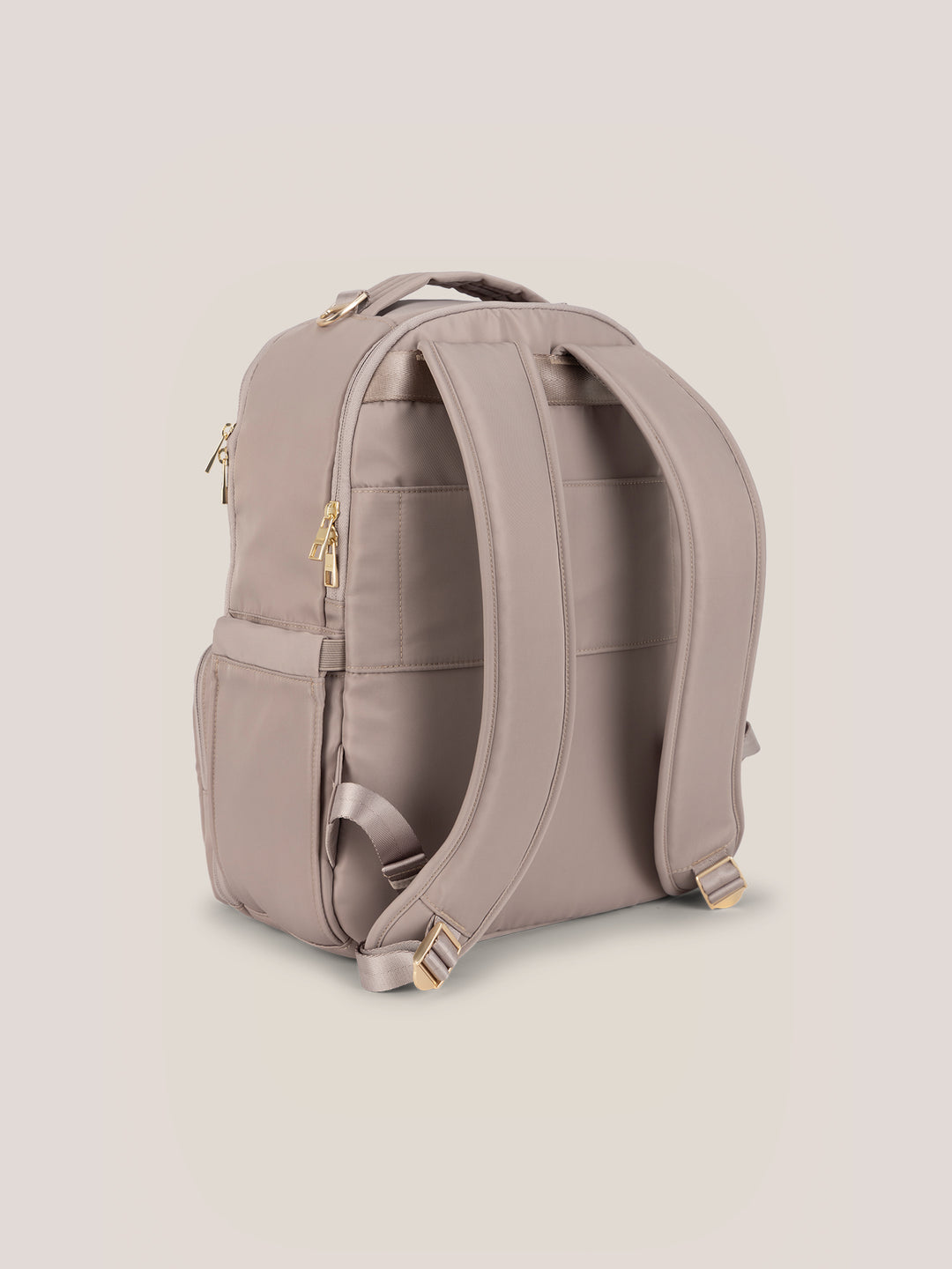 JuJuBe Classic Diaper Backpack in Taupe – side view highlighting the insulated bottle pocket and exterior storage compartments