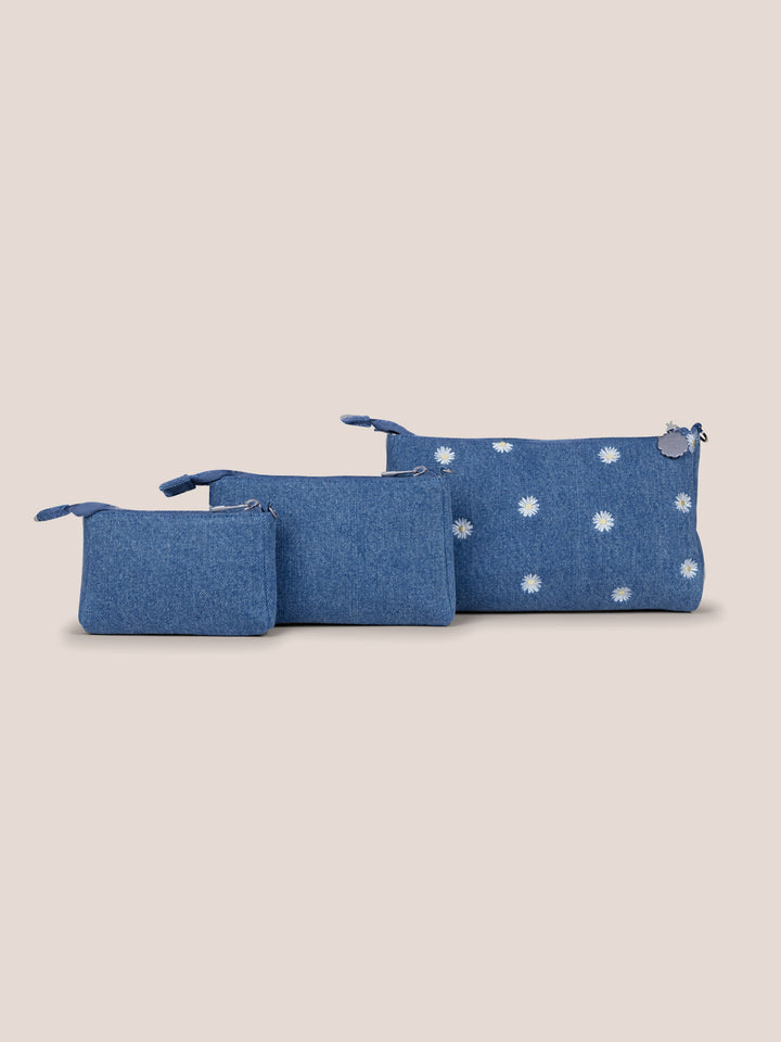 3-piece Pouch Clutch Purse Set - Denim &amp; Daisies