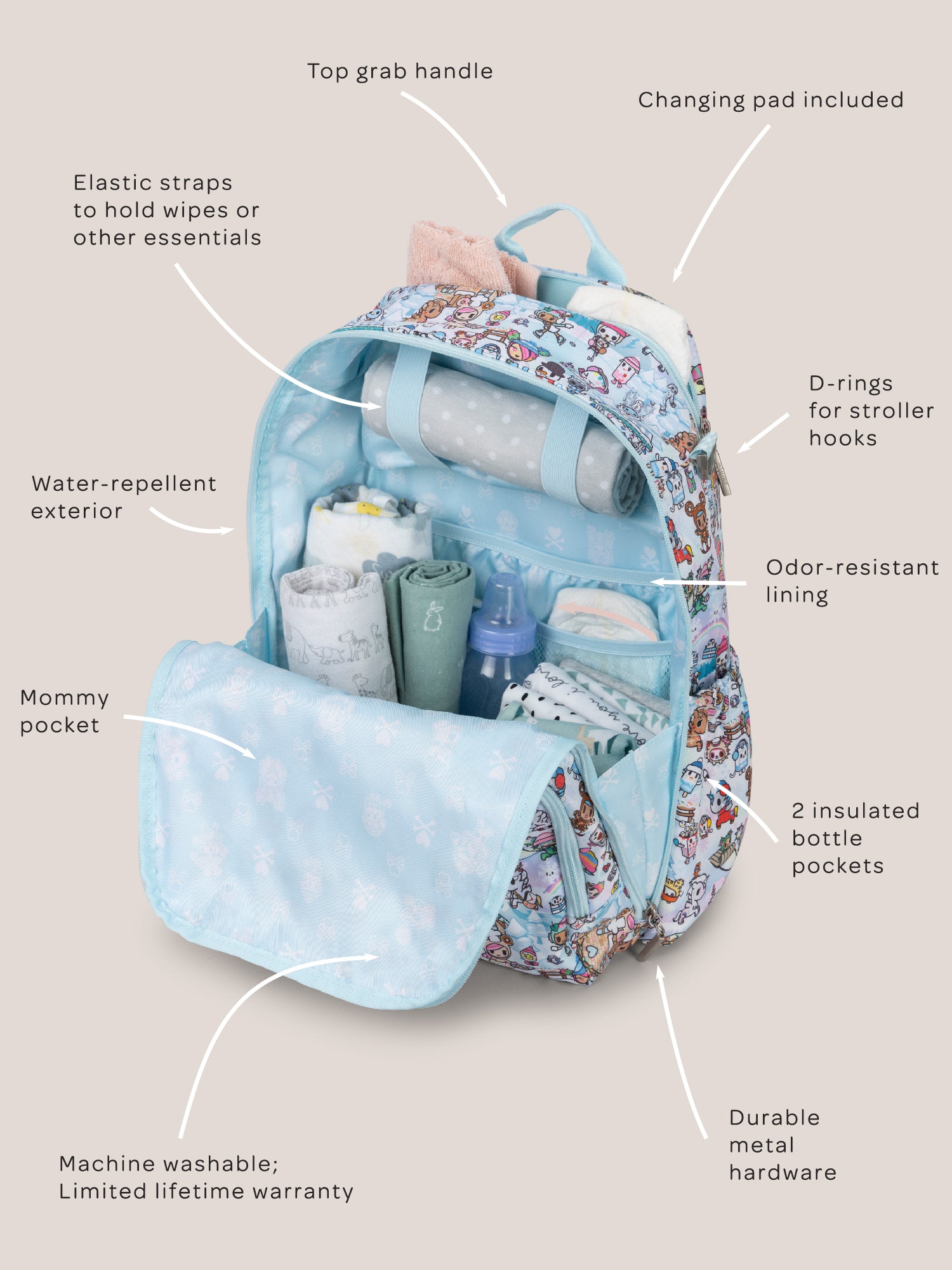 tokidoki Snow Day Zealous Backpack Diaper Bag โ Ice Blue โ JuJuBe