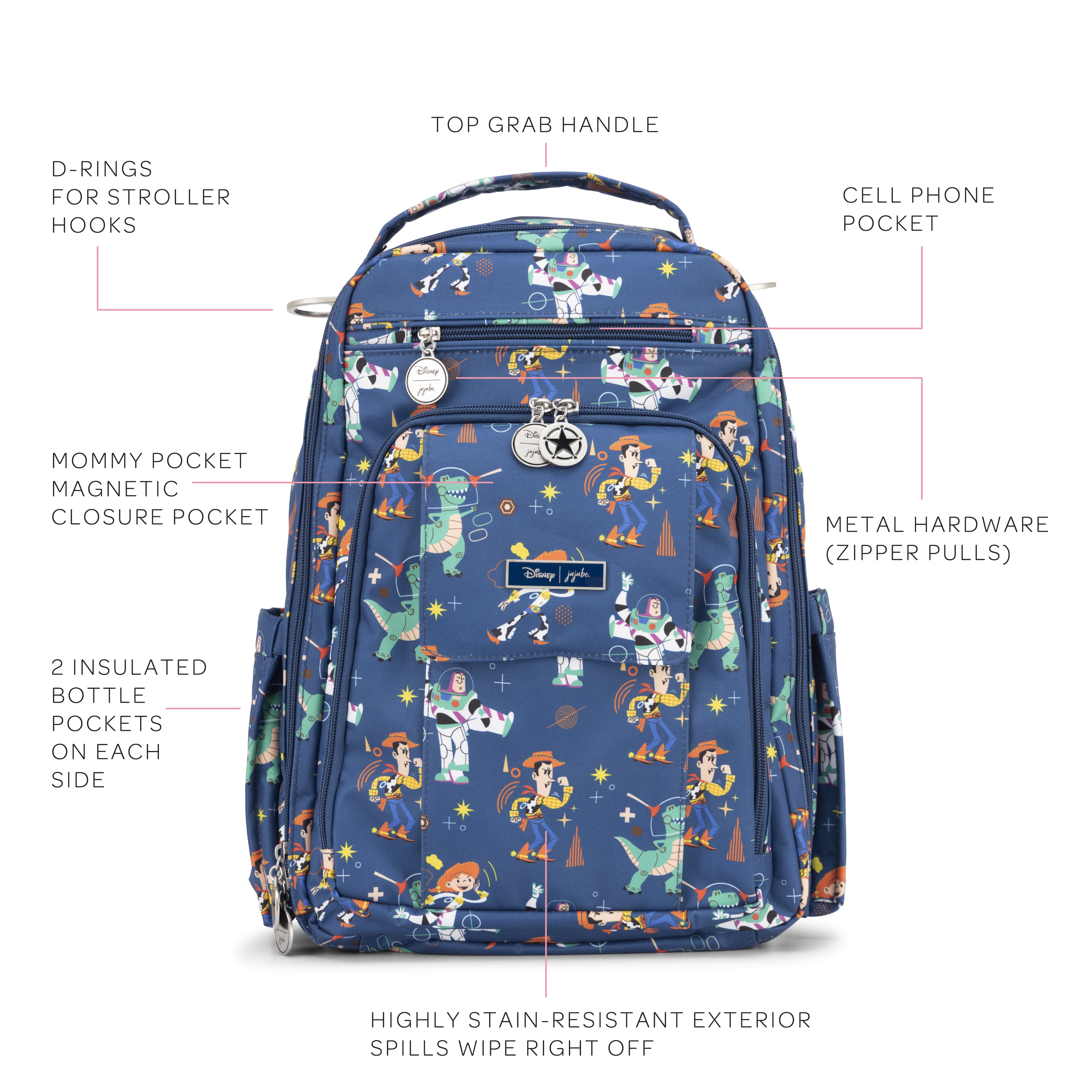 Featuring Woody, Buzz, and all their friends from Toy Story and Disney Pixar's Dr. B.F.F on a dark navy blue background, highlighted features shot (Breathable Mesh-Sleek-Backpack).