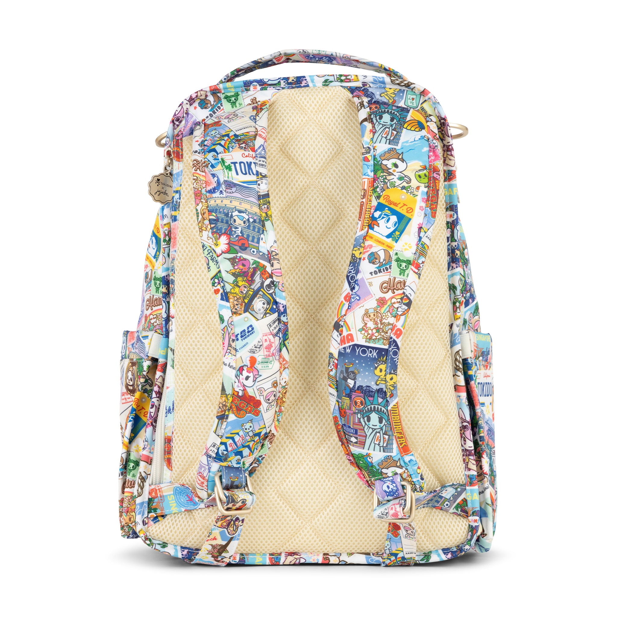 Multicolor Postcards with tokidoki characters traveling Be Right Back Diaper Backpack Back View