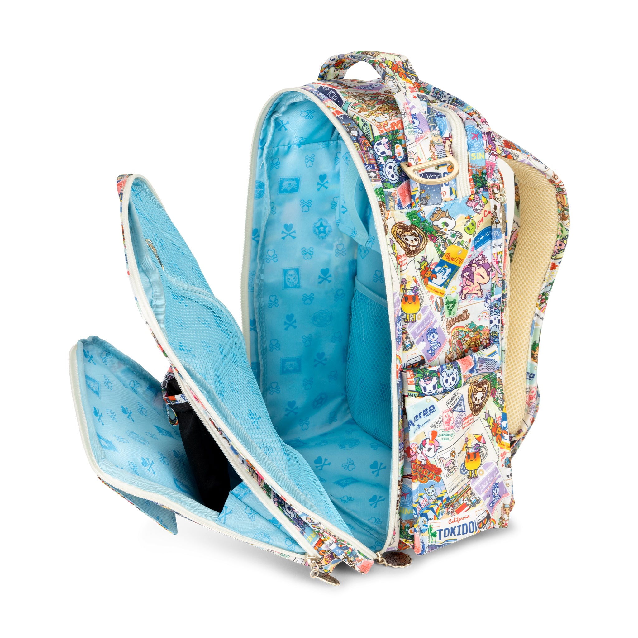 Multicolor Postcards with tokidoki characters traveling Be Right Back Diaper Backpack Interior View