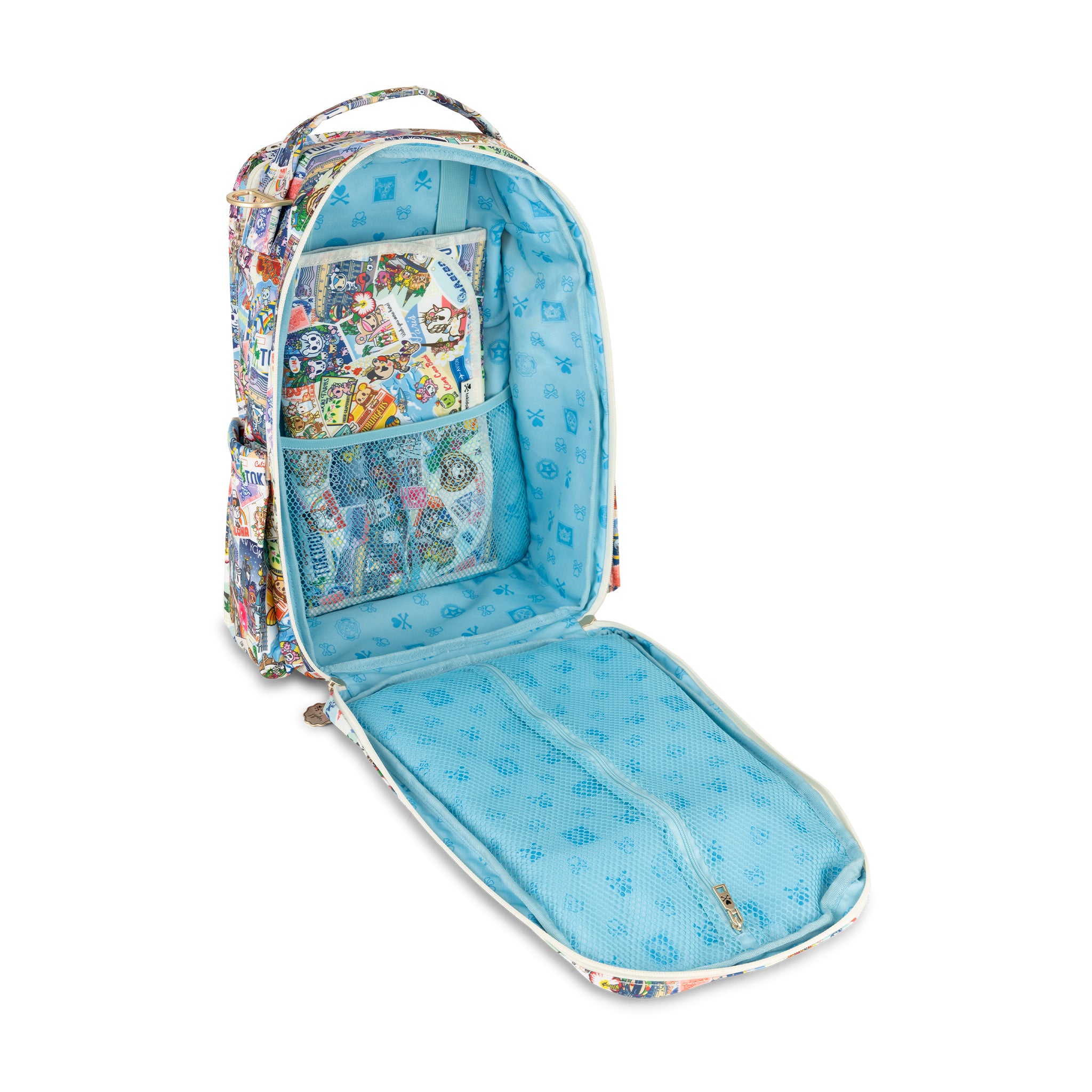 Multicolor Postcards with tokidoki characters traveling Be Right Back Diaper Backpack Interior View with Changing Pad