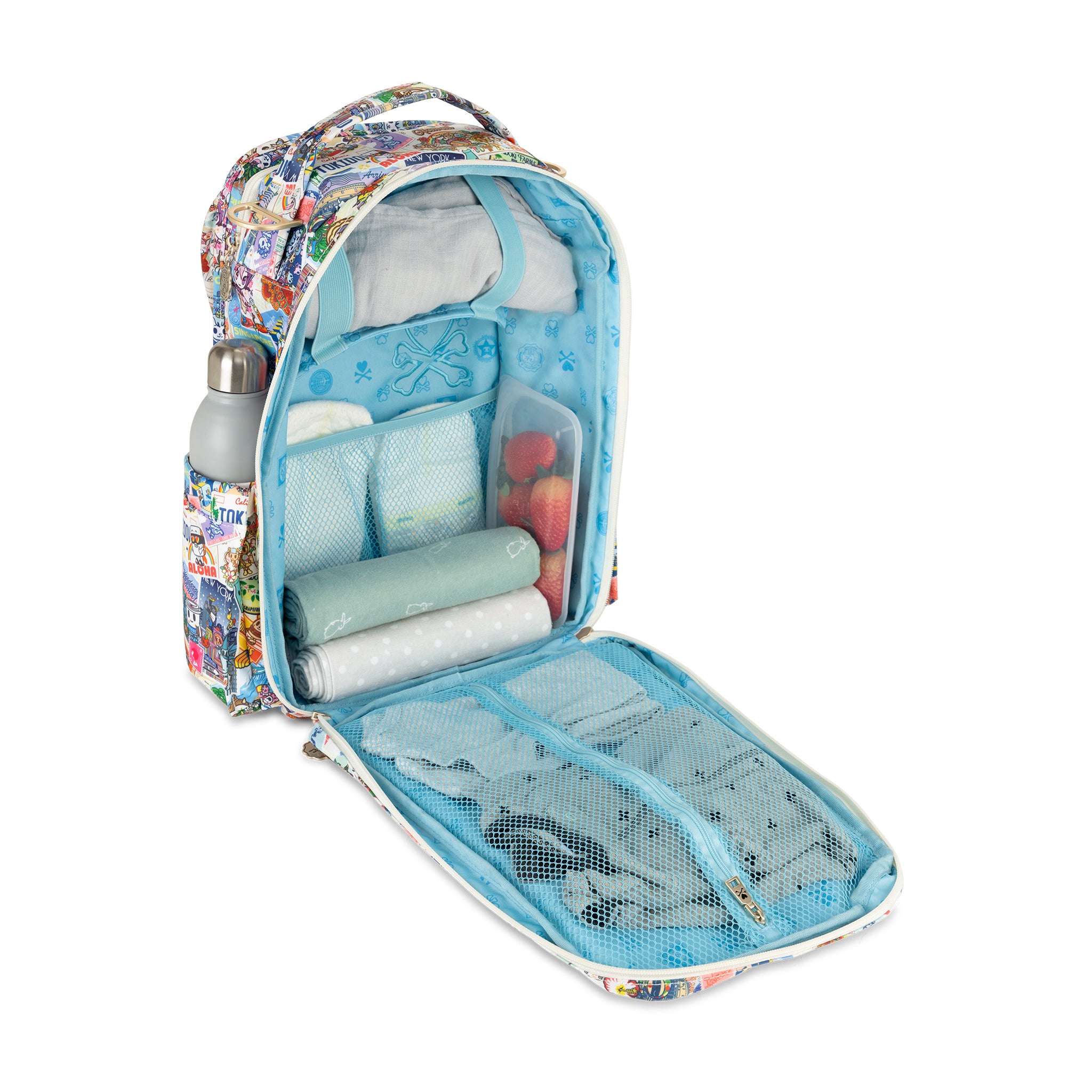 Multicolor Postcards with tokidoki characters traveling Be Right Back Diaper Backpack Interior Packed View