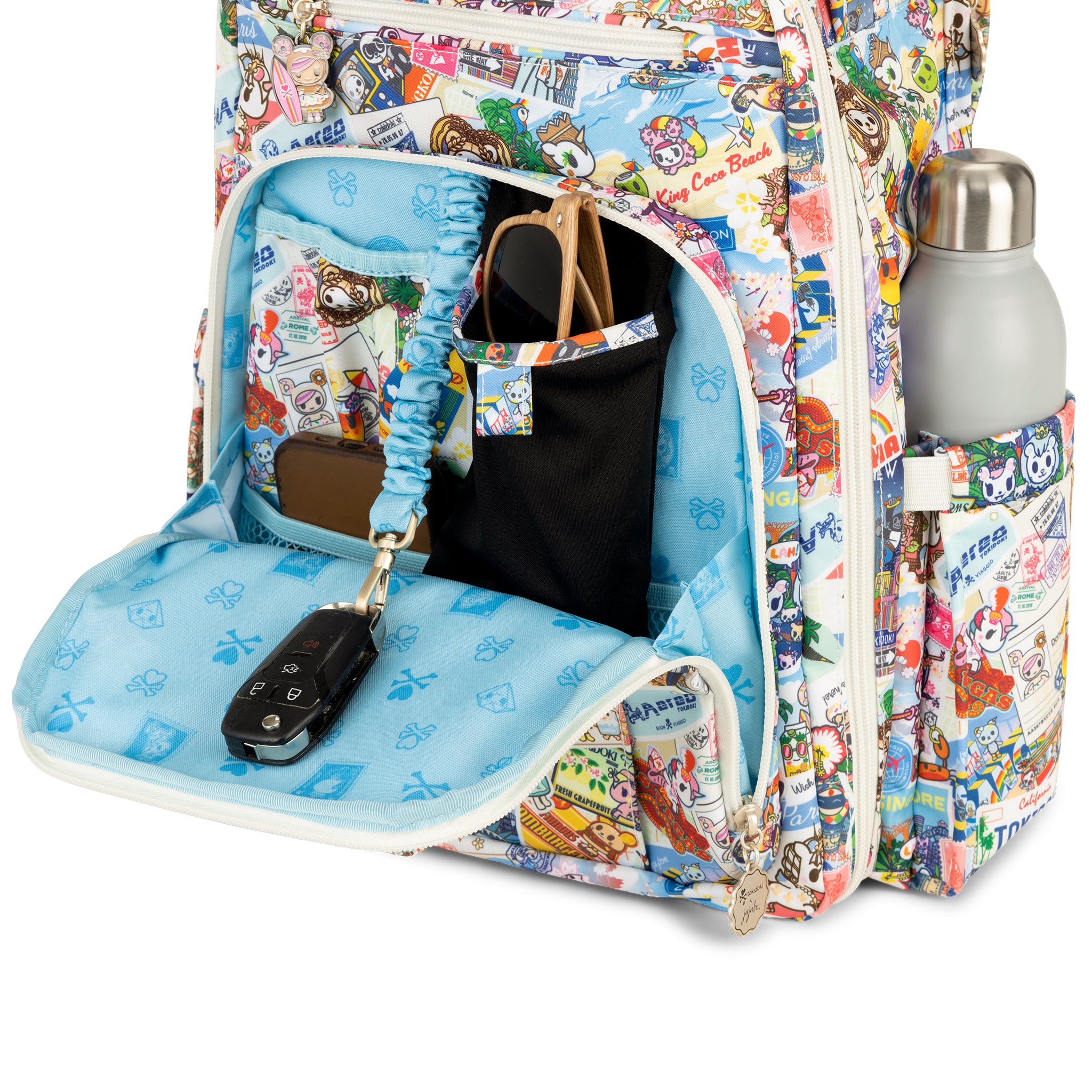 Multicolor Postcards with tokidoki characters traveling Be Right Back Diaper Backpack Mommy Pocket Detail View
