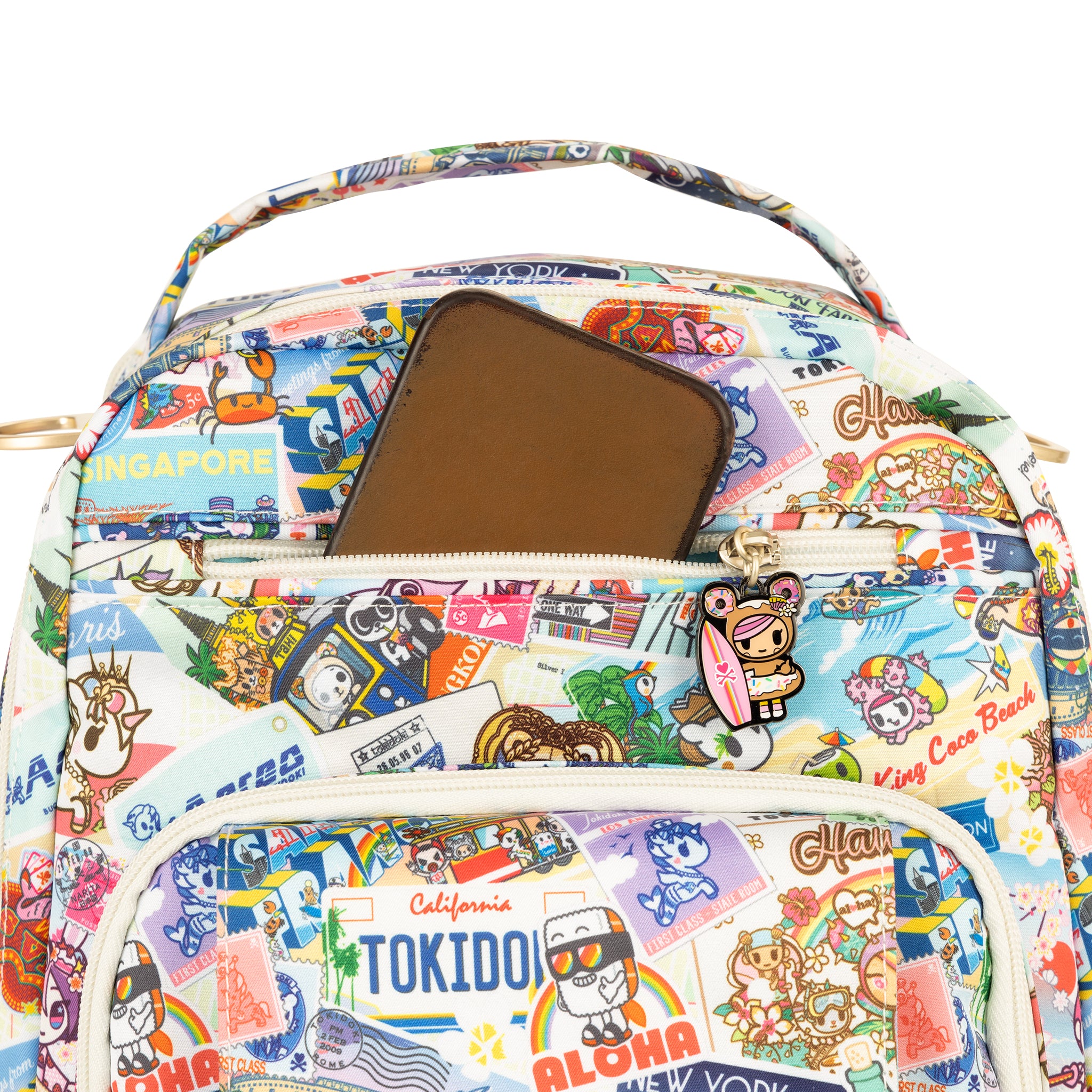 Multicolor Postcards with tokidoki characters traveling Be Right Back Diaper Backpack Detail View