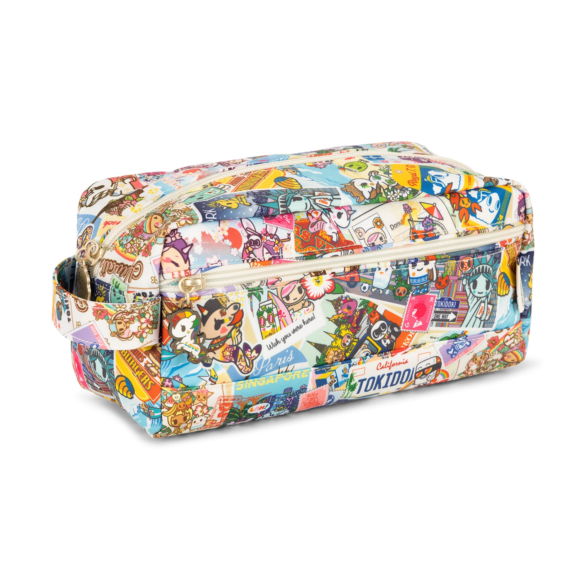 Multicolor Postcards with tokidoki characters traveling Be Dapper Toiletry Bag Quarter Angle View